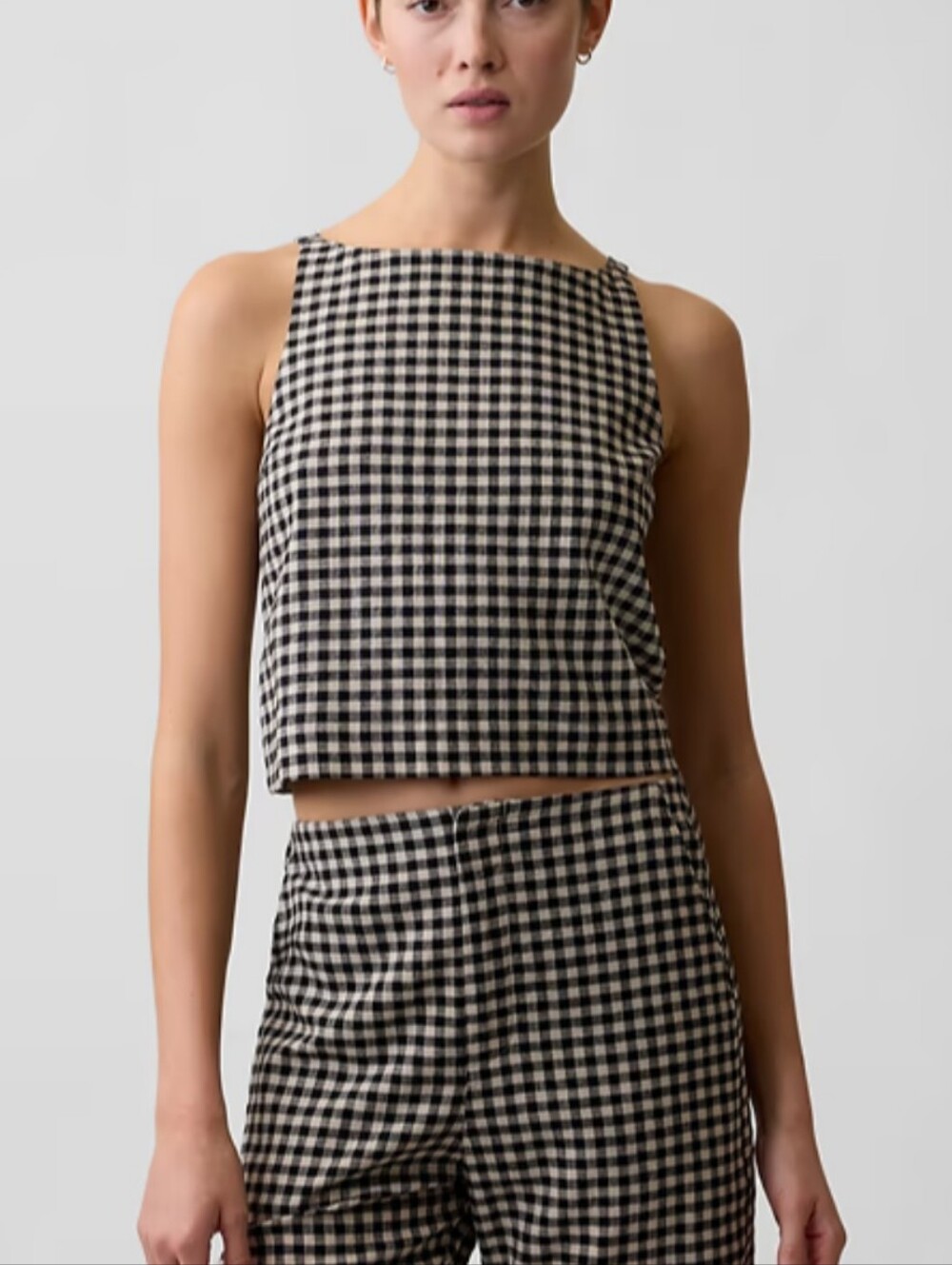 GAP Black White Gingham Cropped Apron Tank Top XL Square Neck Button Back Woven